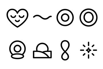 Symbols of Emotional Peace. Emotional Peace linear icon set: heart calm, soothing wave, warm glow, comfort circle, ease bubble, soft horizon, harmony loop, peaceful spark