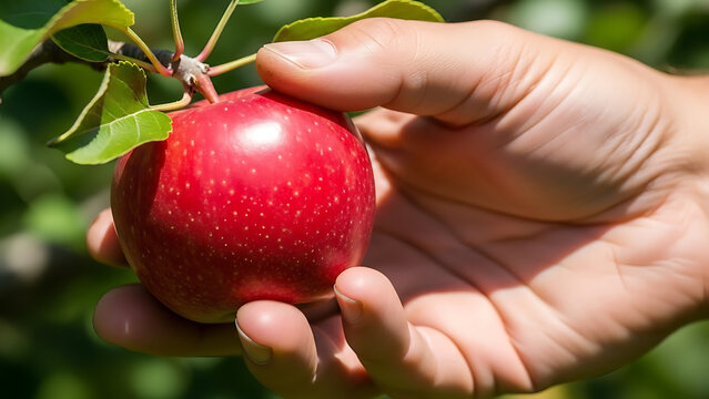 Close-up of a hand gently picking a fresh, ripe red apple directly from a tree branch in a sunlit orchard