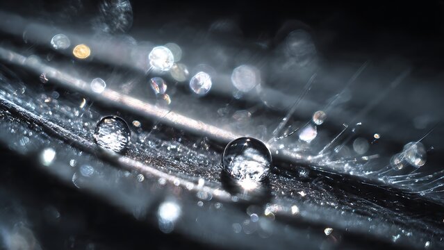 Macro photography of sparkling water droplets on a dark, organic feather, creating a beautiful natural abstract background with bokeh