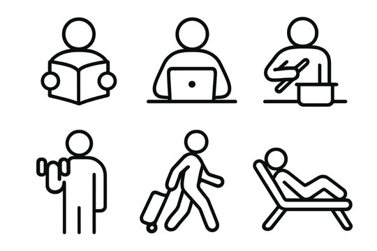 Activity Outline Icons. People Activities Set linear icon set: reading figure, working figure, cooking figure, exercising figure, traveling figure, relaxing figure