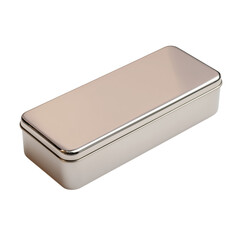 Sleek rectangular metal tin box with a shiny reflective lid, storage container