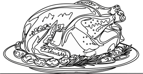 Intricate Continuous Line Art of a Roasted Chicken on a Plate