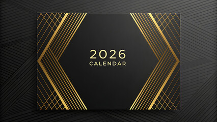 Elegant 2026 calendar design featuring a luxurious black background with golden geometric accents and modern typography