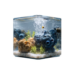 Desktop glass aquarium with lone goldfish, oxygen bubbles, rocks, and artificial plants.