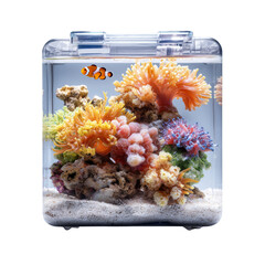 Clownfish swimming in a vibrant small aquarium with colorful artificial corals, pets.