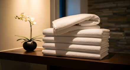 Stack of white spa towels with orchid plant on dark wood shelf image