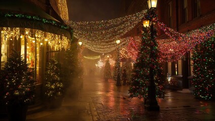 Fototapeta premium Narrow European cobblestone street decorated with festive Christmas lights and garlands creating magical tunnel effect at night