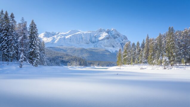 Wide shot of a serene frozen lake surrounded by snow-covered pine trees and majestic mountains under clear blue sky