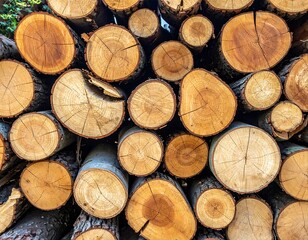 Cut tree trunks stacked evenly. Close-up look at wood grain