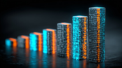 A digital data growth concept with binary columns increasing in height to symbolize analytics development and technological progress.
