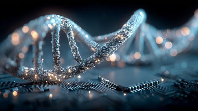 A detailed digital DNA structure emerging over circuitry, representing biotechnology integration, genetic computation and the merging of biological and technological development.
