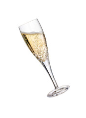A champagne glass, flute, tilted to the left with fizzy wine as a birthday celebration or to celebrate the New Year with different amounts of fizzy bubbles isolated on a transparent background. © Duncan Andison