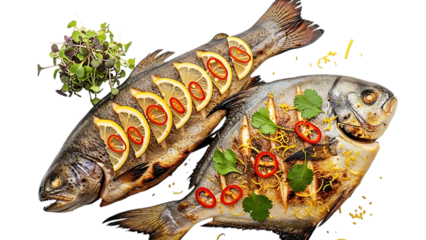 Grilled fishes with lemon slices and chili peppers  culinary delight isolated on transparent background