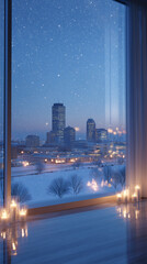 Obraz premium 雪降る夜の都会を見下ろすモダンな部屋の窓