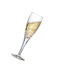 A champagne glass, flute, tilted to the right with fizzy wine as a birthday celebration or to...
