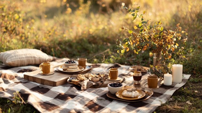 Outdoor picnic setup with snacks and flowers on a sunny afternoon - Powered by Adobe