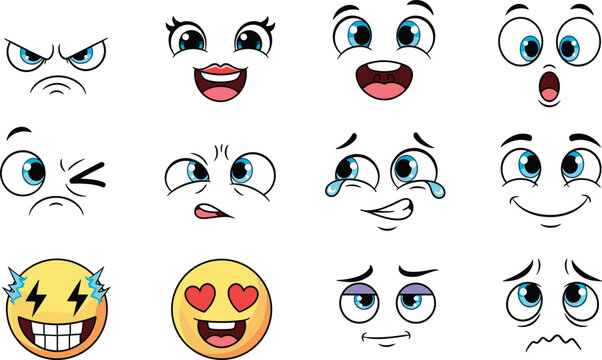 Mega collection of sixteen expressive cartoon face expressions vector set, including angry, happy, shocked, crying, silly, and love-heart eyes, perfect for emoticons, avatars, and emotional concepts.