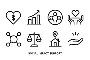 Social Impact Icons. Social Impact Support linear icon set: heart economy icon, impact chart, community circle, support beam, shared value node, equity scale, local benefit symbol