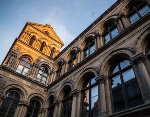 Historic Stone Building Facade Bathed in Golden Sunlight Under a Blue Sky Detailed Arches and Windows