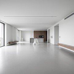 Bright Modern Open Concept Living Area With White Walls Light Gray Floor And Kitchen Island With Wood Cabinets Illuminated By Natural Light Through Large Windows