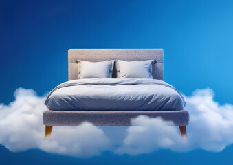 A double bed rests on soft, fluffy clouds beneath warm sky light, creating a dreamy, surreal scene. Photorealistic textures, calm atmosphere, generative AI