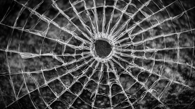 A shattered circular glass pattern symbolizing a central point of impact and illustrating concepts of vulnerability, disruption and structural stress.
