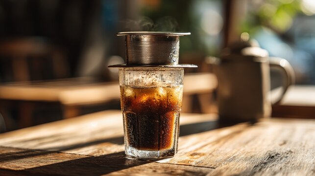 Close-up of Vietnamese iced coffee being brewed on a rustic wooden table.