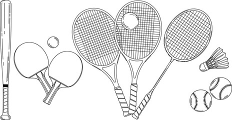 Hand-Drawn Line Art Vector Collection of Sports Equipment Including Rackets, Bat, Balls, and Shuttlecock for Fitness, Hobby, and Leisure Design