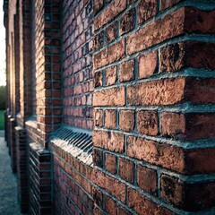 Close up of a weathered red brick wall with deep mortar lines illuminated by warm sunlight casting long shadows on a textured facade.