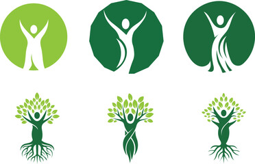 Collection of green human figures and tree illustrations isolated on