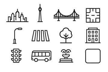 City Outline Icons. City Elements Set linear icon set: skyline silhouette, tall tower, bridge span, road grid, streetlight, crosswalk lines, city park tree, apartment block