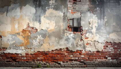 The weathered brick wall with peeling plaster and a boarded window creates a vintage aesthetic