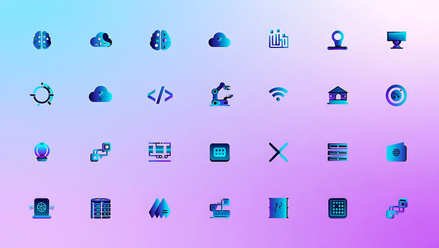 A vibrant collection of modern technology and digital icons presented on a gradient background showcasing innovation and connectivity