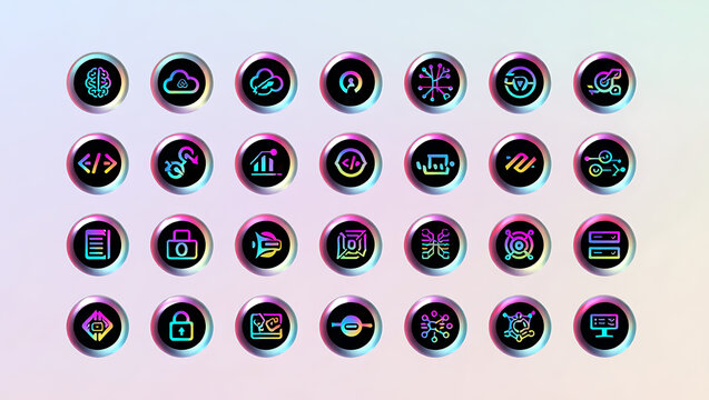 A vibrant collection of holographic digital icons representing various modern technologies and online services presented in a grid layout with a futuristic glitchy aesthetic