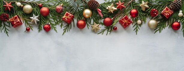 Festive christmas garland adorned with red and gold ornaments on a light blue background
