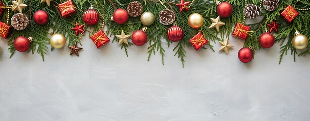 Festive christmas garland adorned with red and gold ornaments and pinecones on a textured background