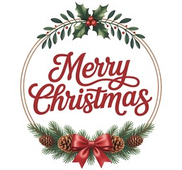 Elegant merry christmas wreath with festive greenery pinecones and a red bow