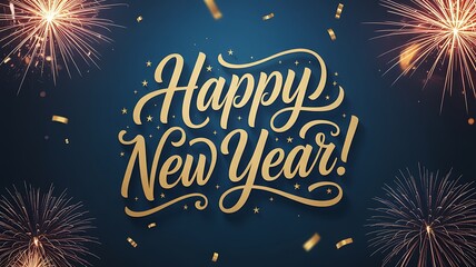 Sparkling golden happy new year greeting with festive fireworks and confetti