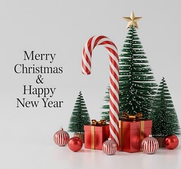 Festive christmas scene with candy cane presents and miniature trees wishing merry christmas and happy new year