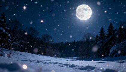 Fototapeta premium Winter Night Landscape with Snow-Covered Trees, a Full Moon, and Starry Sky over a Quiet Forest Scene