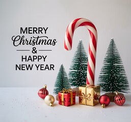 Festive merry christmas and happy new year greeting with candy cane and miniature trees
