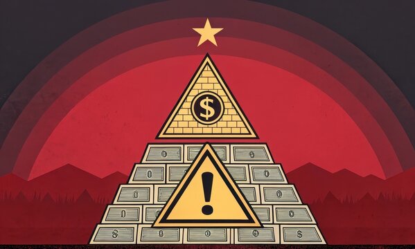 Warning sign and pyramid representing a financial Ponzi scheme