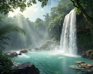 Waterfall cascading into a crystal clear pool in lush green forest