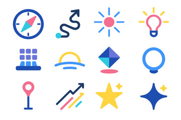 Futuristic Icon Design. Forward Futures flat icon set: compass dial, linear path, radiating circle, spark core, digital grid, horizon glow, floating diamond, clarity arc, progress