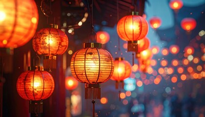 Glowing Red Lanterns Decorating Street at Night with Blurred Background and Warm Lighting