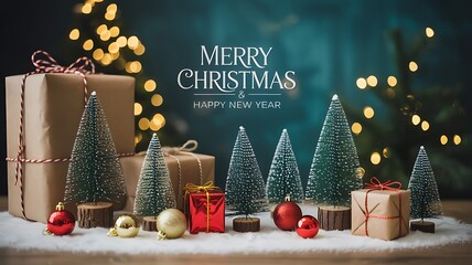 Festive christmas scene with gifts and miniature trees illuminated by warm bokeh lights