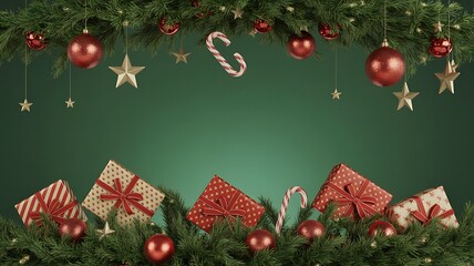 Festive christmas decorations with gifts and ornaments against a deep green background