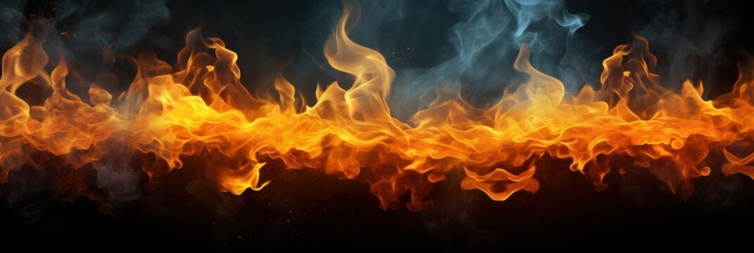 A vivid depiction of flames dancing against a dark background, creating a striking visual contrast with swirling smoke.