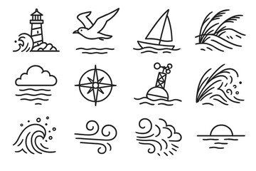 Coastal Elements Icon Set. Coastal Winds linear icon set. lighthouse, crashing waves, seagull in air, sailboat in breeze, wind-blown dunes, beach grass, cloud over sea, compass