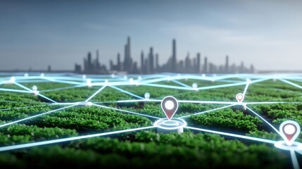 Innovative networking technology enhances urban agriculture futuristic cityscape digital art high-tech environment aerial view sustainability concept